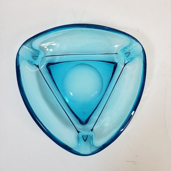 Vintage MCM Hazel Atlas Triangle Atomic Aqua Blue Glass Ashtray 7” - Picture 1 of 5